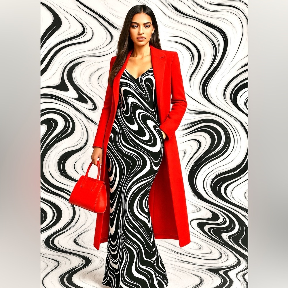VTG,David Meister SILK!Black/White Swirled Lines,Stunning Black & White,Size S/4 - Picture 1 of 7
